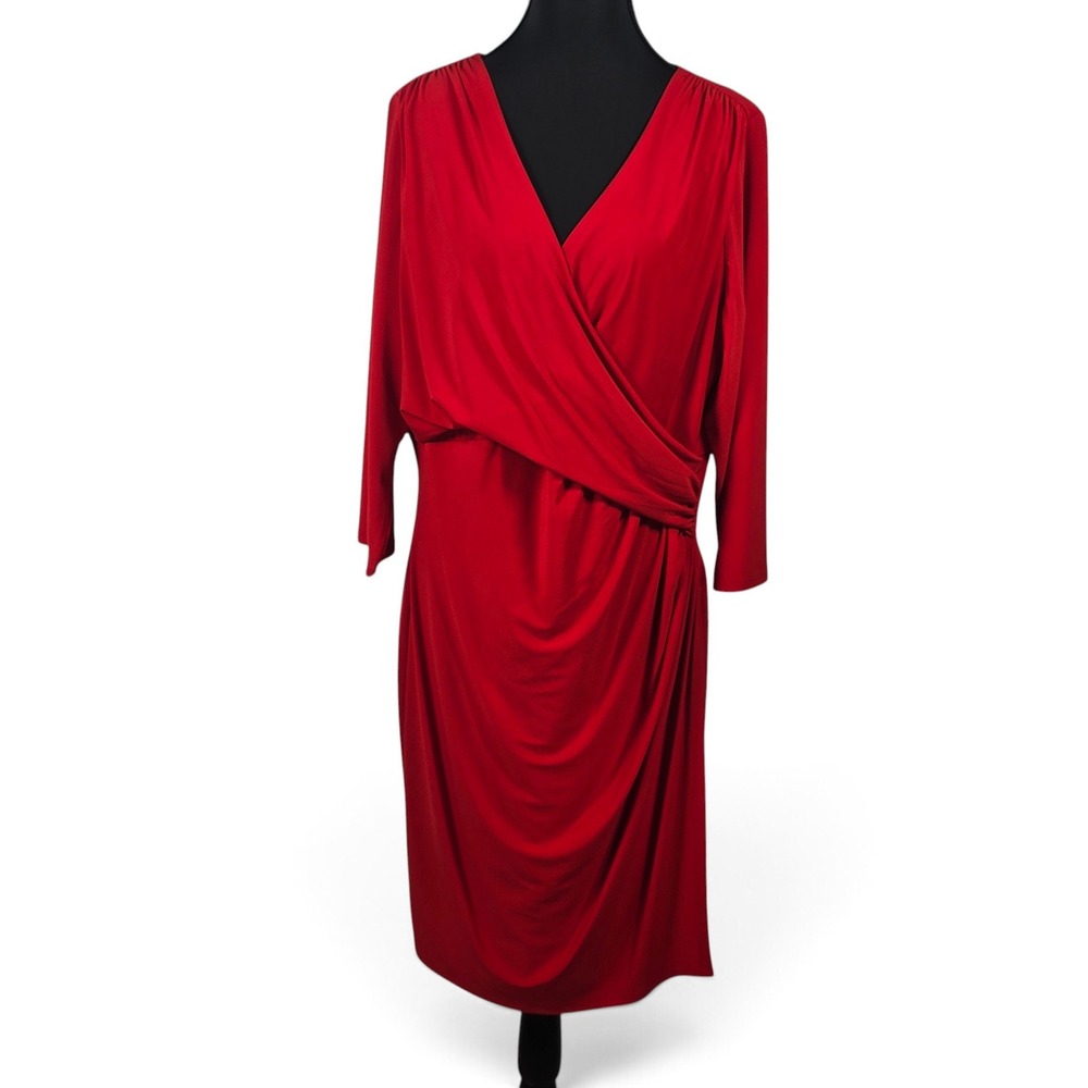 Lauren Ralph Lauren Dress Women 16W Faux Wrap Red 3/4 Sleeve Jersey V-Neck Party